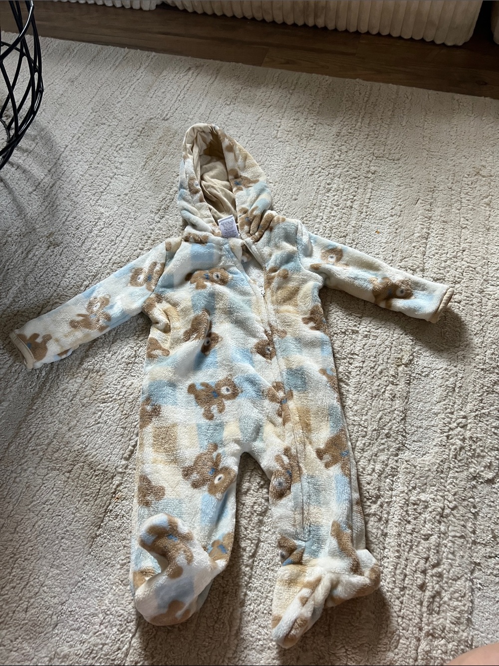 Hooded Teddy Bear Footed One-Piece in Light Blue & Cream